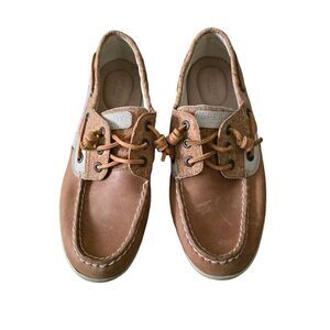 Sperry Boat Shoes Women's Size 7.5M‎ Brown White Linen Oat Lace Up Leather